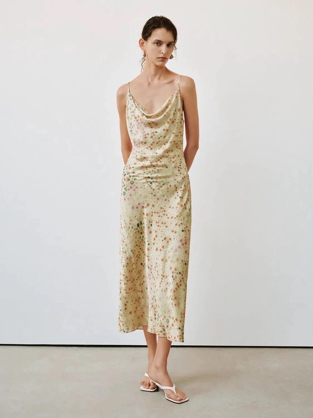 Floral Cowl Neck Satin Slip Midi Dress XS